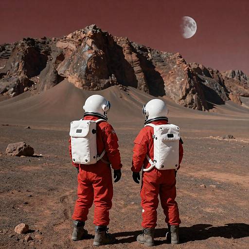 Two Astronauts on Red Rocky Alien Landscape