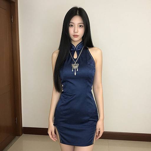 Asian woman with long black hair, wearing a tight black cheongsam dress with silver necklace, standing in a plain room. Photograph.