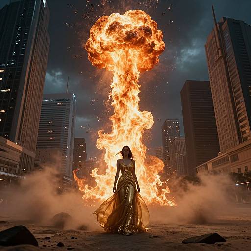 Photograph of a woman in a flowing black dress standing amidst a massive, fiery explosion in a cityscape at night.
