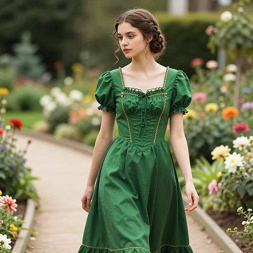 Young Woman in Vintage Green Dress in Garden