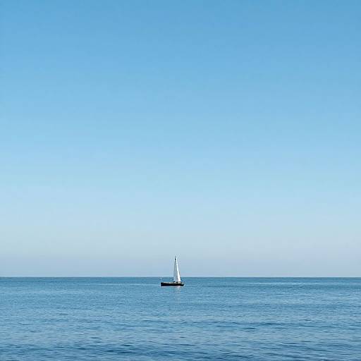 Photograph of a small sailboat with a white sail centered in calm blue ocean under a clear, bright blue sky.