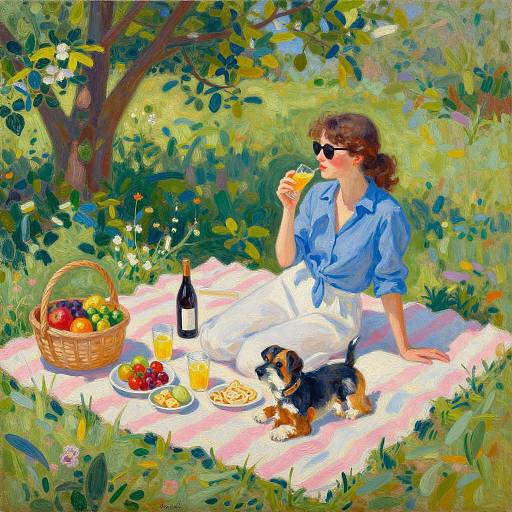 Bright, impressionistic painting of a woman with brown hair, sunglasses, blue shirt, white pants, eating sandwich, with small dog, basket of fruit
