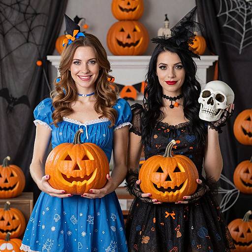 Photograph of two women in Halloween costumes, one in a blue witch dress with orange bow, the other in black with skull, holding carved pumpkins