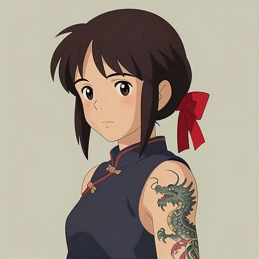 Digital anime-style drawing of a young woman with short black hair, red ribbon, blue qipao, and a dragon tattoo on her right arm.