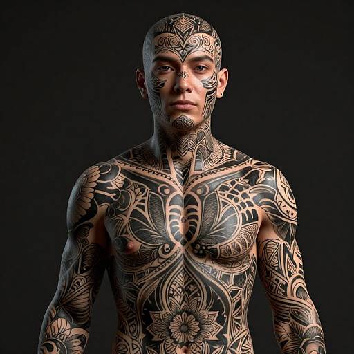 Photograph of a muscular, bald, tattooed man with intricate black and gold tribal tattoos covering his chest, arms, and neck against a dark background