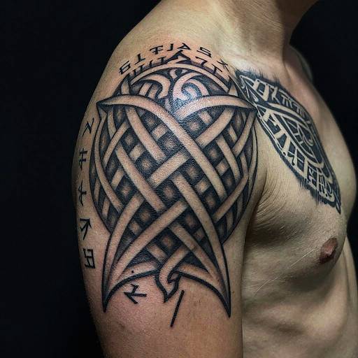 Photograph of a shirtless man with a muscular build, showcasing a large, intricate black Celtic knot tattoo on his right shoulder, with text encir