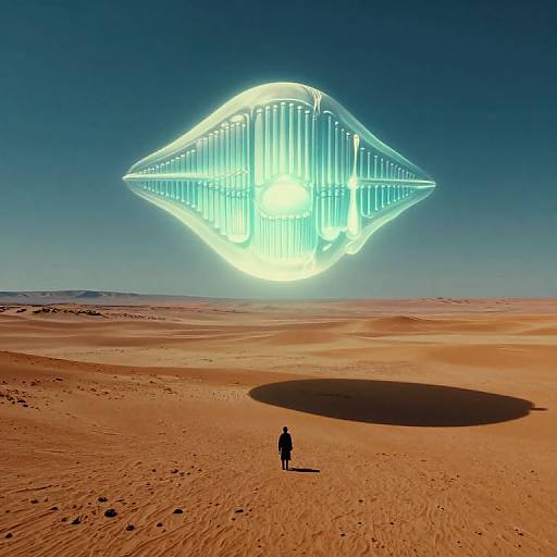 Photograph of a lone figure in a desert, shadowed below a glowing, futuristic, spaceship-like structure against a clear blue sky.