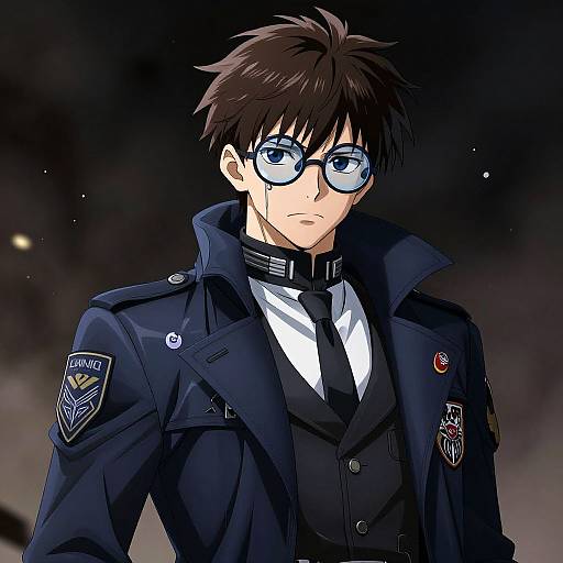 Anime-style digital drawing of a serious young man with brown hair, glasses, and blue uniform jacket, featuring badges, against a dark, starry background