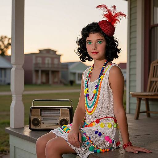 Photograph of a curly-haired young girl in a 1930s-style white dress with colorful beads and a red feather hat, sitting on a porch