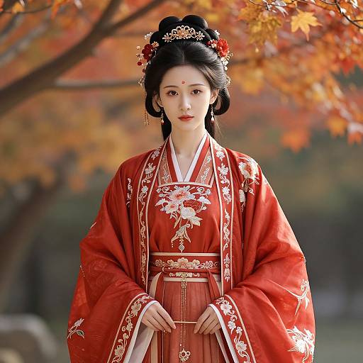 Photograph of an elegant Japanese woman in a red kimono with white floral patterns, black hair up in an intricate style, standing amidst autumn leaves.