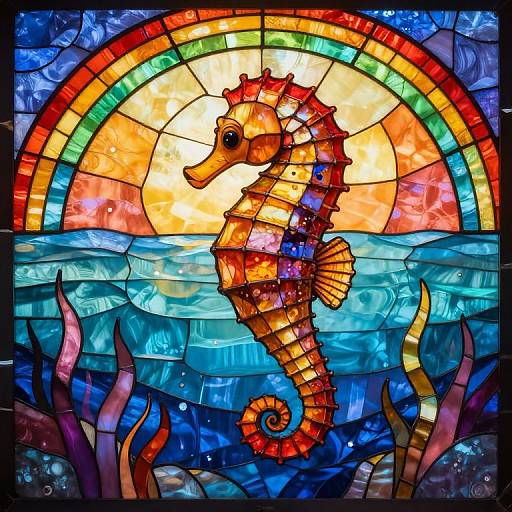 Vibrant stained glass artwork of a detailed orange seahorse with a rainbow backdrop, set against blue ocean waves and sea plants.