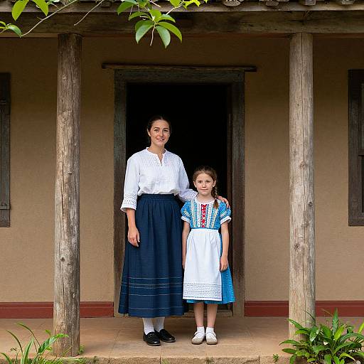 Photograph of a smiling woman in a white blouse and navy skirt, standing beside a young girl in a blue dress and white apron, in front