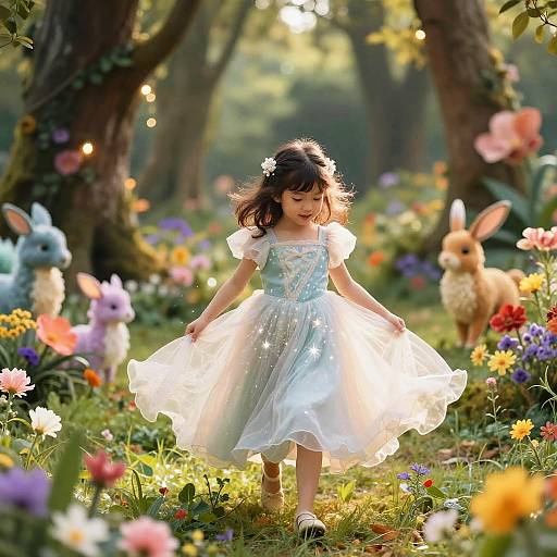 Photograph of a young girl in a light blue, sparkly dress, twirling in a sunlit forest meadow filled with colorful flowers and whims