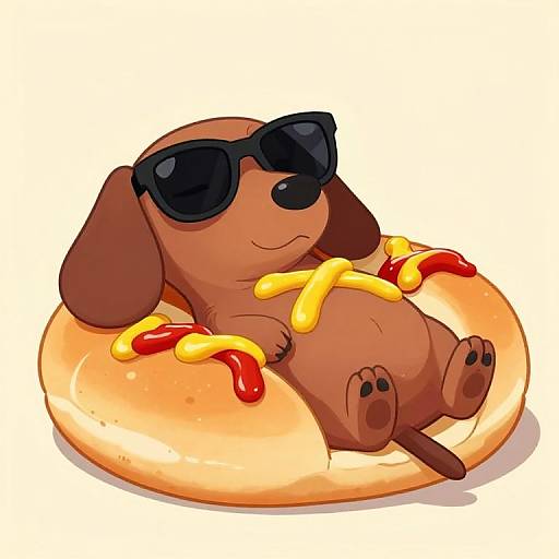 Cartoon brown dachshund with black sunglasses, lying on a donut with yellow mustard and red ketchup, relaxed and smiling. Digital art