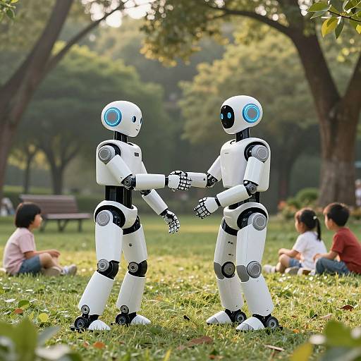Photograph of two white, humanoid robots with blue eyes and black joints, shaking hands in a sunny park, with people sitting in the background.
