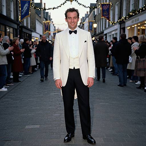 Photograph of a smiling man in a white tuxedo with black bow tie, standing on a festive cobblestone street, surrounded by people and