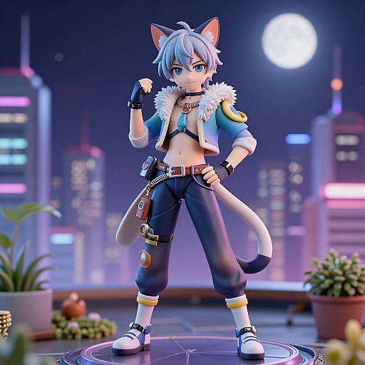 CGI anime-style catboy with blue hair and ears, wearing a fur-trimmed jacket, fingerless gloves, and baggy pants, stands