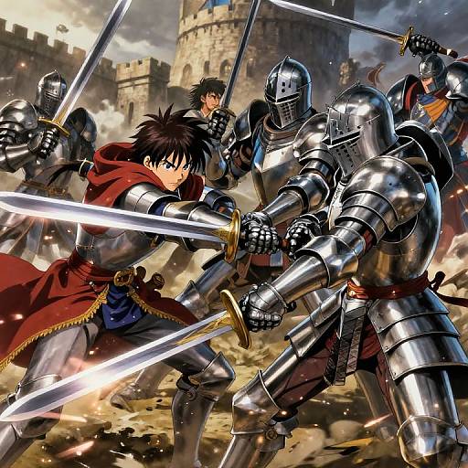 Digital anime-style battle scene: four armored knights with shining swords, red-cloaked young man in foreground, medieval castle in stormy background.