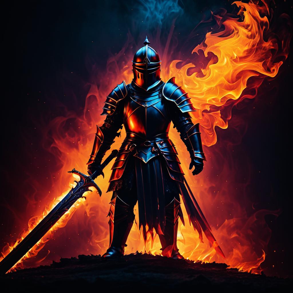 Knight in Fiery Dark Abstract Scene