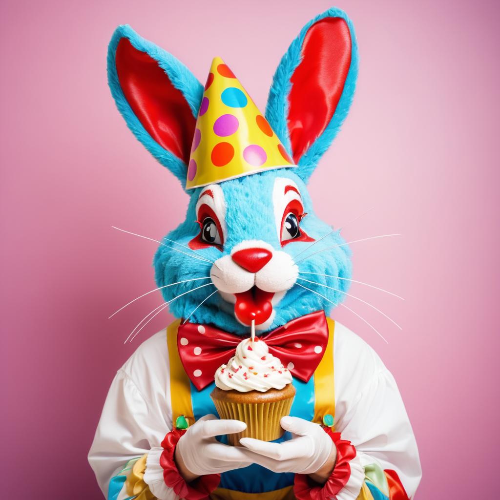 Whimsical Rabbit Clown Enjoying Cupcake