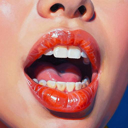 Close-up photograph of an open mouth with glossy red lips, white teeth, and a visible tongue, showcasing vibrant, shiny lipstick.