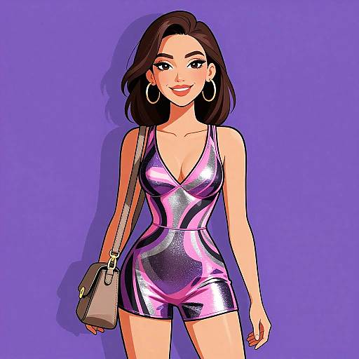 Digital illustration of a smiling woman with dark brown hair, wearing a shiny purple mini dress, large hoop earrings, and a beige purse, against a solid