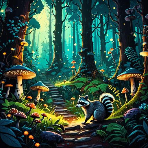 Glowing Forest with Curious Raccoon