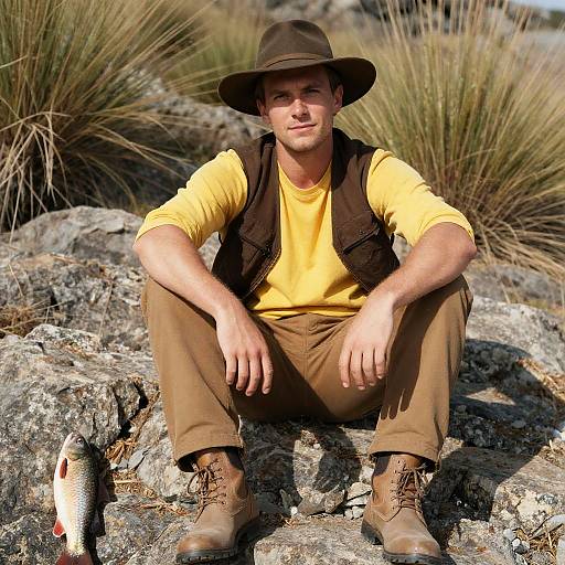 Relaxed Man on Rocky Terrain Photograph