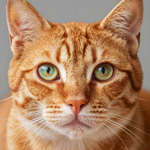 Close-up photograph of an orange tabby cat with striking green eyes, white whiskers, and a pink nose against a plain gray background.