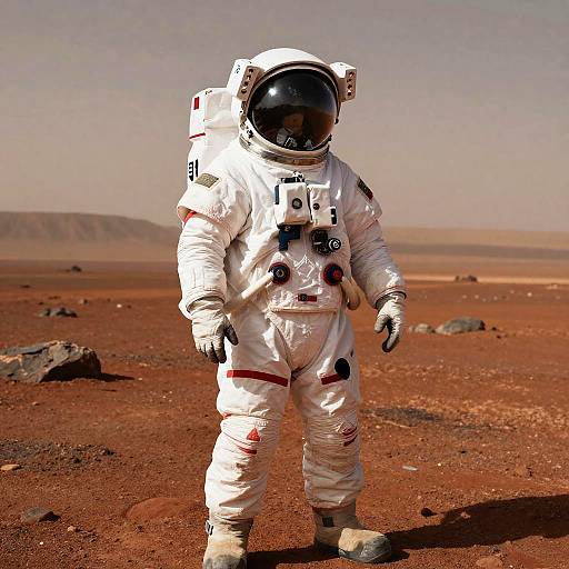Photograph of an astronaut in a white spacesuit with red accents, standing on a reddish, barren desert landscape under a clear sky.
