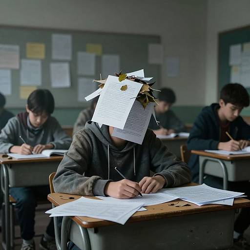 Photograph of a classroom: student with papers attached to head, writing at desk, three others focus on work in background.