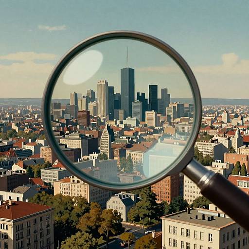 Photograph of a cityscape through a magnifying glass, highlighting skyscrapers in the background with a clear, sunny sky and urban buildings in the