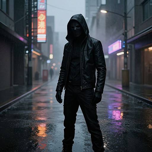 Photograph of a hooded, masked man in a black leather jacket and pants standing in a rain-soaked, neon-lit urban alley.