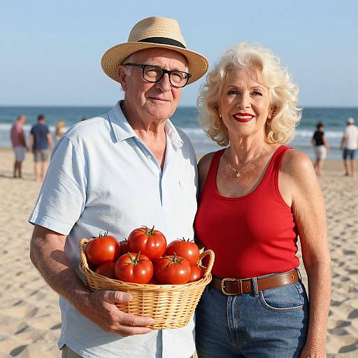 Photograph of an elderly white couple at the beach; man in white shirt and straw hat holding tomato basket, woman in red tank top and blue jeans