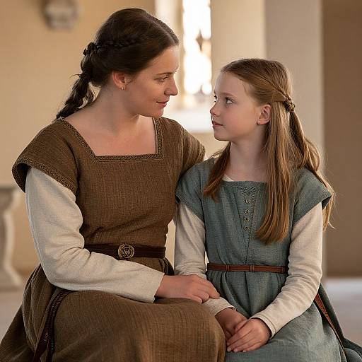 Photograph of a woman with dark hair in a brown, square-neck dress, and a young girl with light brown hair in a blue dress, sitting