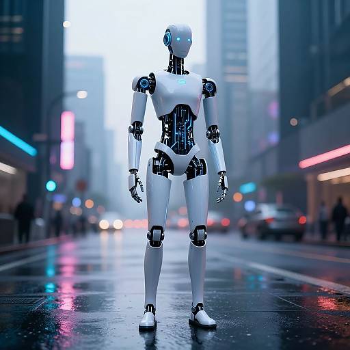 Slim AI Robot in Cyberpunk City