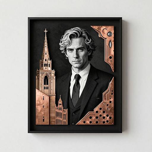 Digital portrait of a serious, wavy-haired man in a black suit with a white shirt and black tie, against a stylized cityscape with copper
