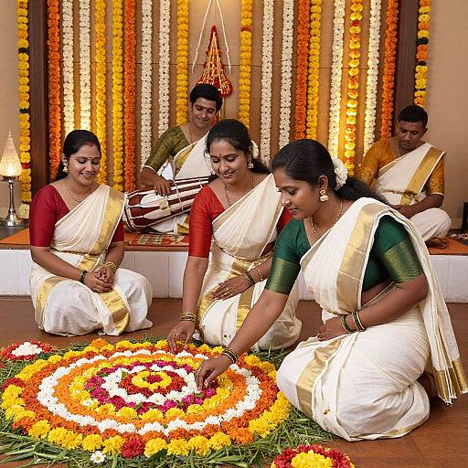 Photograph of five Indian women in white and green sarees arranging a vibrant flower garland in a decorated room with marigold garlands.