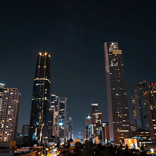 Photograph of a nighttime city skyline featuring illuminated skyscrapers with varying heights and lights, against a dark blue sky.