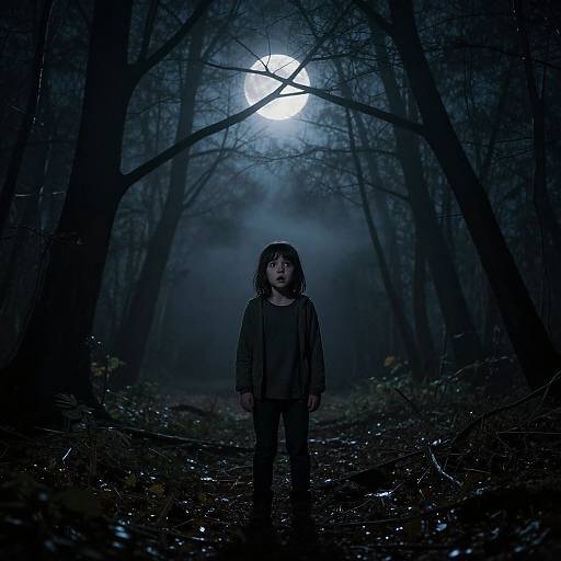 Photograph of a solemn, dark-haired child in a forest at night, standing under a full moon, surrounded by tall, shadowy trees.