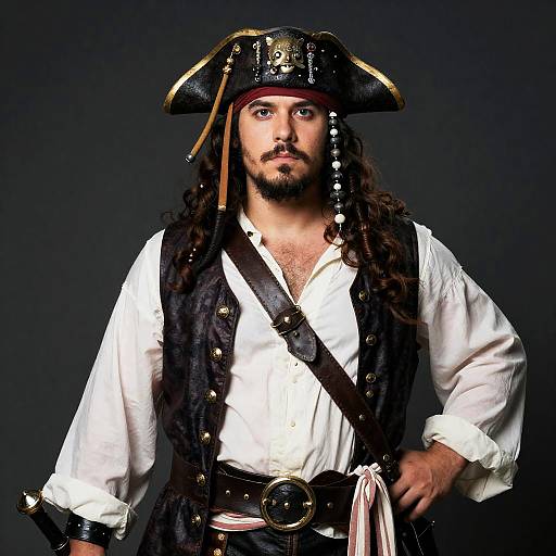 Photograph of a muscular, bearded man with long brown hair, wearing a black pirate hat, white shirt, dark vest, and belt, standing