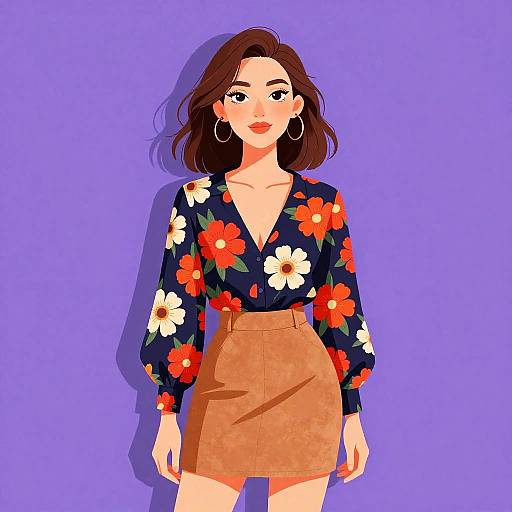 Casual Woman in Floral Blouse and Skirt
