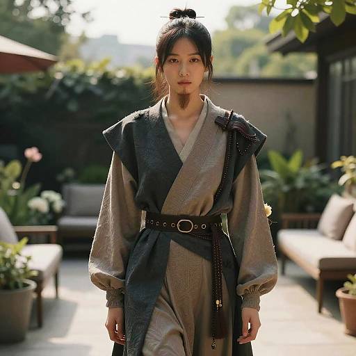 Photograph of an East Asian woman with a bun, wearing a gray, kimono-style dress with black accents, walking in a sunlit, garden