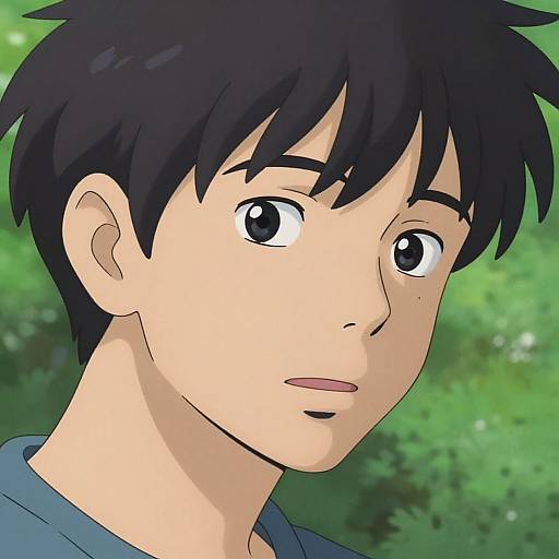 Digital anime-style portrait of a young boy with black spiky hair, large black eyes, light skin, and a blue shirt, set against a green