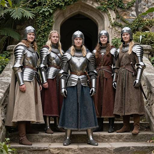 Medieval Warrior Women on Stone Stairs