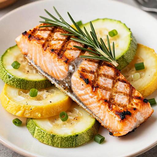 Grilled salmon fillet with grill marks, topped with rosemary, served on zucchini slices and lemon slices, garnished with green onions.