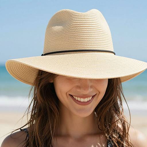 Photograph of a smiling woman with brown hair, wearing a beige straw hat with a black band, on a sunny beach.