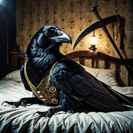Raven in Waistcoat on Vintage Bed with Scythe
