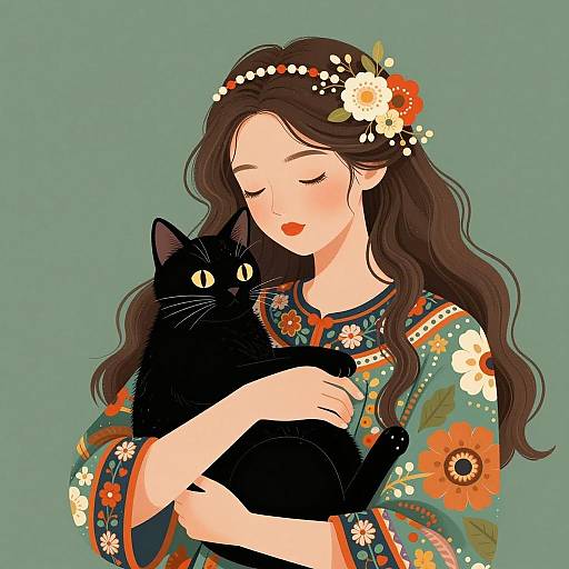 Woman Holding Black Cat with Floral Headpiece