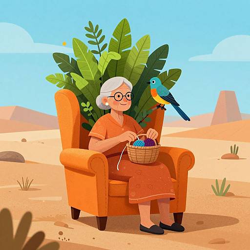 Cartoon-style elderly woman with white hair, glasses, orange dress, and orange armchair, holding yarn basket, with blue bird on shoulder, in